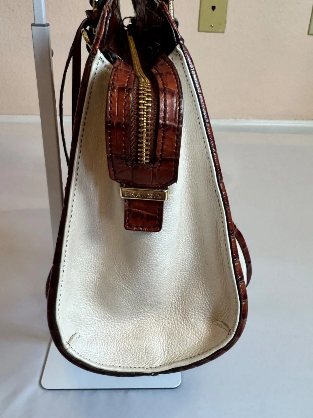 Brahmin Satchel Handbag Snakeskin Leather Trim Mini Asher Melbourne Hemlock